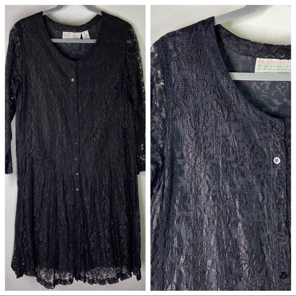 Vintage Dresses & Skirts - Vintage Passports Pier 1 Imports Medium Black Floral Lace Sheer Dropwaist Dress